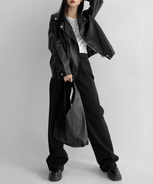 LVEU.（ラブユ.）の「Faux leather over riders jacket / 合皮オーバーライダースジャケット（ライダースジャケット・レディース・ブラック・FREE）」の5枚目の写真