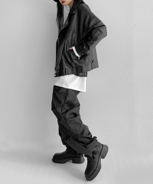 LVEU.（ラブユ.）の「Faux leather over riders jacket / 合皮オーバーライダースジャケット（ライダースジャケット・レディース・ブラック・FREE）」の16枚目の写真