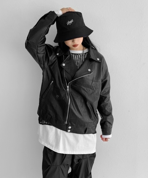 LVEU.（ラブユ.）の「Faux leather over riders jacket / 合皮オーバーライダースジャケット（ライダースジャケット・レディース・ブラック・FREE）」の8枚目の写真
