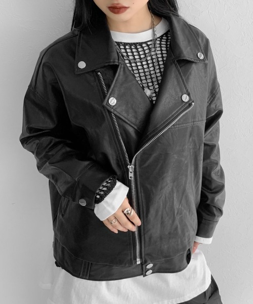 LVEU.（ラブユ.）の「Faux leather over riders jacket / 合皮オーバーライダースジャケット（ライダースジャケット・レディース・ブラック・FREE）」の17枚目の写真