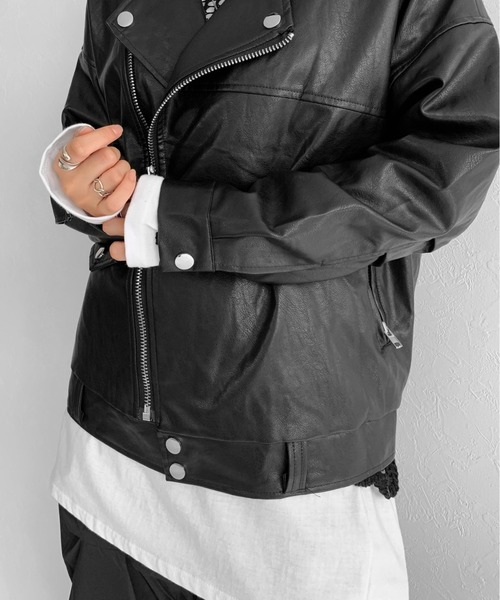 LVEU.（ラブユ.）の「Faux leather over riders jacket / 合皮オーバーライダースジャケット（ライダースジャケット・レディース・ブラック・FREE）」の9枚目の写真