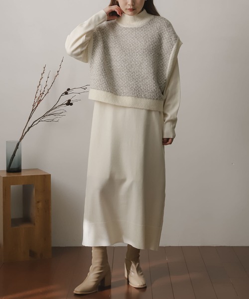 SENSE OF PLACE by URBAN RESEARCH(センスオブプレイスバイアーバンリサーチ)の「ストレッチレイヤードニットワンピース(ワンピース・レディース・グリーン/アイボリー/チャコールグレー・ONE)」の14枚目の写真