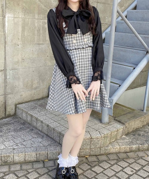 ROJITA（ロジータ）の「【新色追加/ピンク】ボウタイリボンツイードワンピース（ワンピース・レディース・ブラック/グレー/ホワイト/ピンク・FREE）」の9枚目の写真