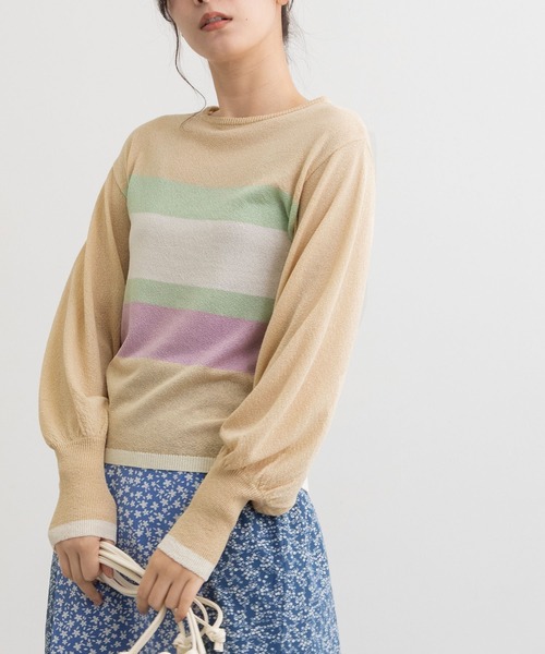 POU DOU DOU(プードゥドゥ)の「マルチボーダープルオーバー(ニット/セーター・レディース・アイボリー/ライトグレー/ベージュ・3)」の1枚目の写真