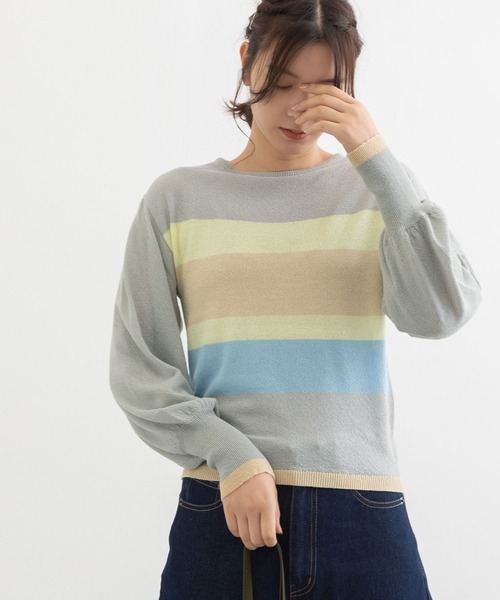 POU DOU DOU(プードゥドゥ)の「マルチボーダープルオーバー(ニット/セーター・レディース・アイボリー/ライトグレー/ベージュ・3)」の4枚目の写真