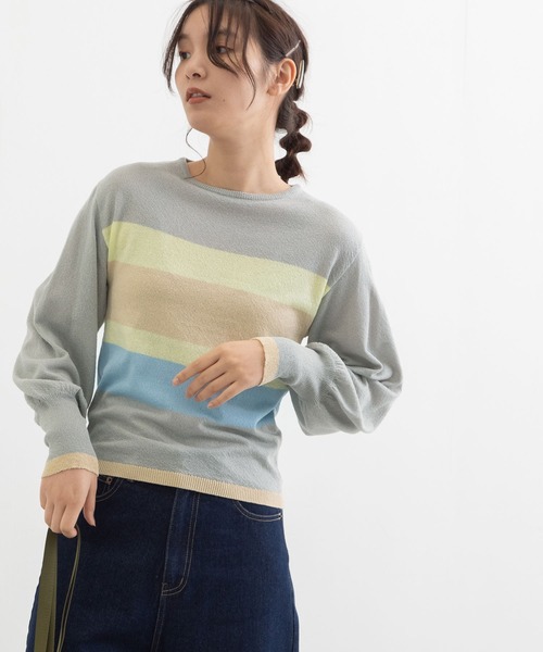 POU DOU DOU(プードゥドゥ)の「マルチボーダープルオーバー(ニット/セーター・レディース・アイボリー/ライトグレー/ベージュ・3)」の5枚目の写真