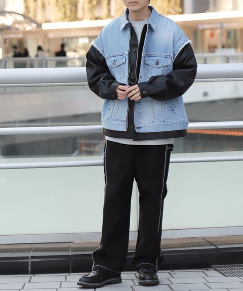 RAGEBLUE（レイジブルー）の「袖切り替え/フェイクレザードッキングデニムジャケット（デニムジャケット・メンズ・ブルー/ブラック・FREE）」の3枚目の写真