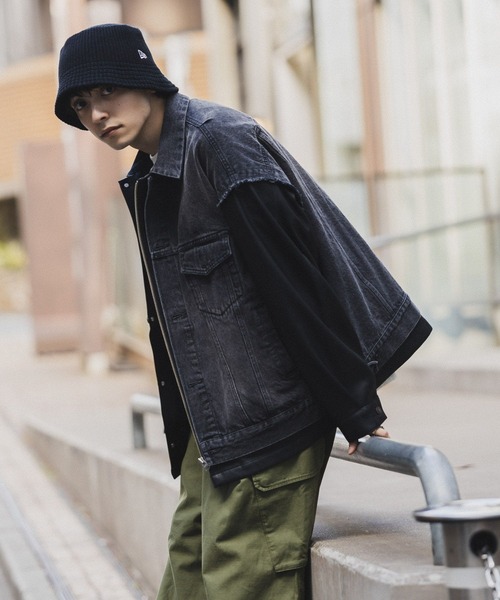 RAGEBLUE（レイジブルー）の「袖切り替え/フェイクレザードッキングデニムジャケット（デニムジャケット・メンズ・ブルー/ブラック・FREE）」の4枚目の写真