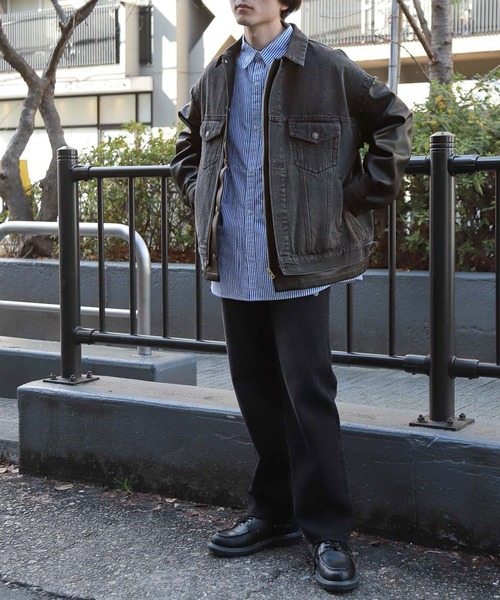  襟レザー切替 ブラックデニムジャケット XL. DIESEL（ディーゼル） ブラックデニムジャケット メンズ レザー襟切替