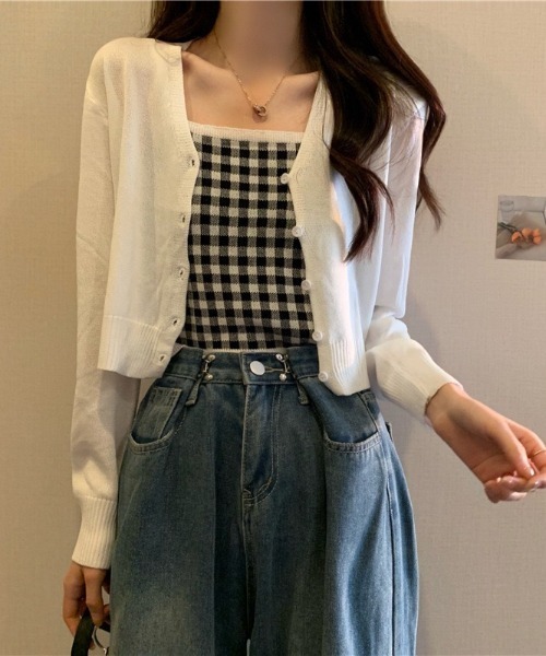 ギンガムチェックキャミソール＋カーディガンセット