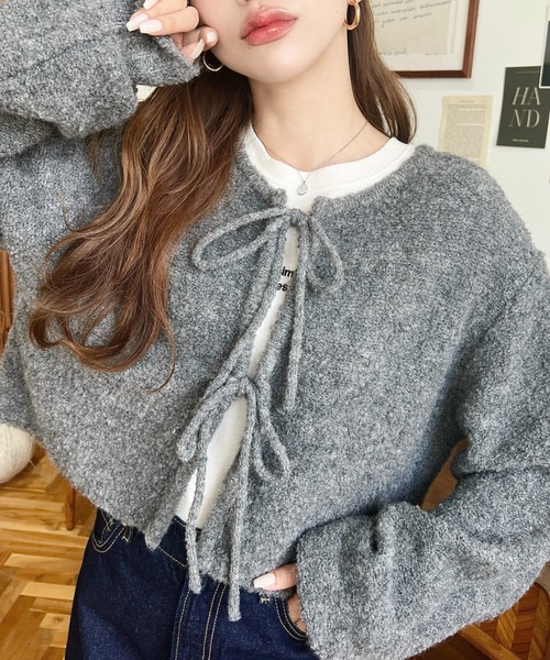 moment+(モーメントプラス)の「【累計販売枚数2万枚突破!】前後2WAYフロントリボンブークレニットカーディガン(カーディガン/ボレロ・レディース・アイボリー/モカ/オレンジ/ベージュ/パープル/チャコールグレー・L/M)」の10枚目の写真