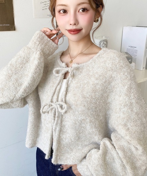 MACHATT アイボリー　ブークレニットカーディガン セール】【累計販売枚数2万枚突破！】前後2WAYブークレニットリボン