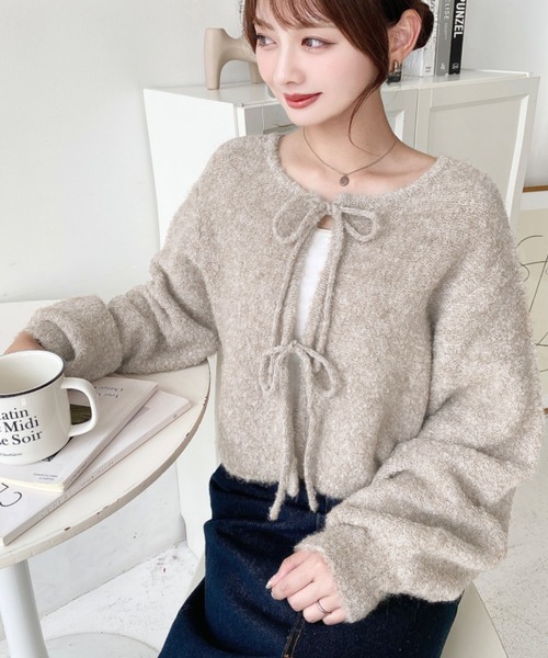 moment+(モーメントプラス)の「【累計販売枚数2万枚突破!】前後2WAYフロントリボンブークレニットカーディガン(カーディガン/ボレロ・レディース・アイボリー/モカ/オレンジ/ベージュ/パープル/チャコールグレー・L/M)」の14枚目の写真