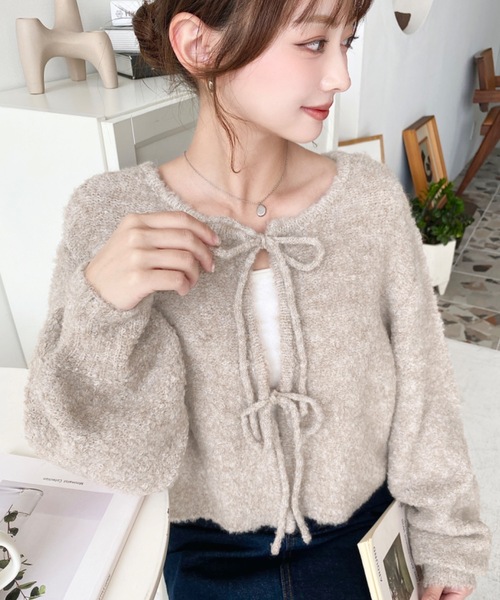 moment+(モーメントプラス)の「【累計販売枚数2万枚突破!】前後2WAYフロントリボンブークレニットカーディガン(カーディガン/ボレロ・レディース・アイボリー/モカ/オレンジ/ベージュ/パープル/チャコールグレー・L/M)」の15枚目の写真