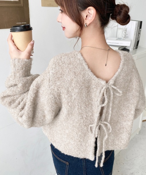 moment+(モーメントプラス)の「【累計販売枚数2万枚突破!】前後2WAYフロントリボンブークレニットカーディガン(カーディガン/ボレロ・レディース・アイボリー/モカ/オレンジ/ベージュ/パープル/チャコールグレー・L/M)」の16枚目の写真