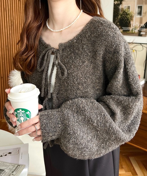 moment+(モーメントプラス)の「【累計販売枚数2万枚突破!】前後2WAYフロントリボンブークレニットカーディガン(カーディガン/ボレロ・レディース・アイボリー/モカ/オレンジ/ベージュ/パープル/チャコールグレー・L/M)」の17枚目の写真