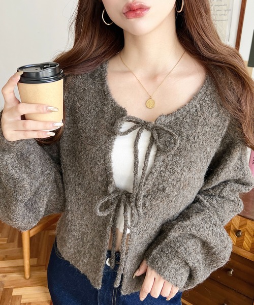 moment+(モーメントプラス)の「【累計販売枚数2万枚突破!】前後2WAYフロントリボンブークレニットカーディガン(カーディガン/ボレロ・レディース・アイボリー/モカ/オレンジ/ベージュ/パープル/チャコールグレー・L/M)」の22枚目の写真