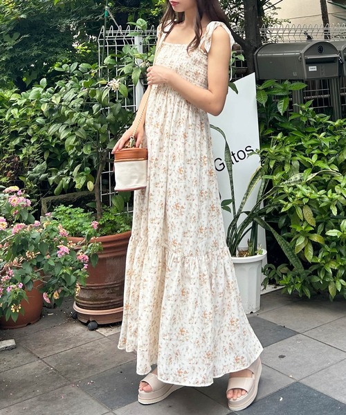【美品】proportion ニュアンス花柄シャーリングワンピース　M 花柄シャーリングワンピース | PROPORTION BODY DRESSING