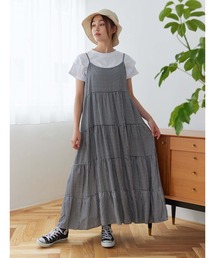 ギンガムチェック切り替えギャザーワンピース