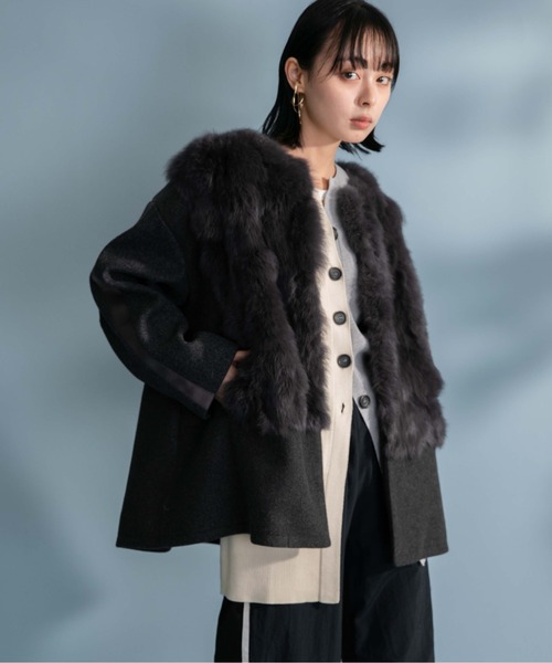 Eimee Law（エイミーロウ）の「ファー&メルトン ミドル丈コート（その他アウター・レディース・チャコールグレー/ライトベージュ/グレイッシュベージュ・38）」の10枚目の写真