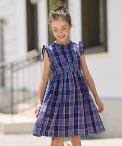 45R ロングワンピース チェック　綿100 インディゴ セール】カラフルチェックタックロングワンピース（インド綿