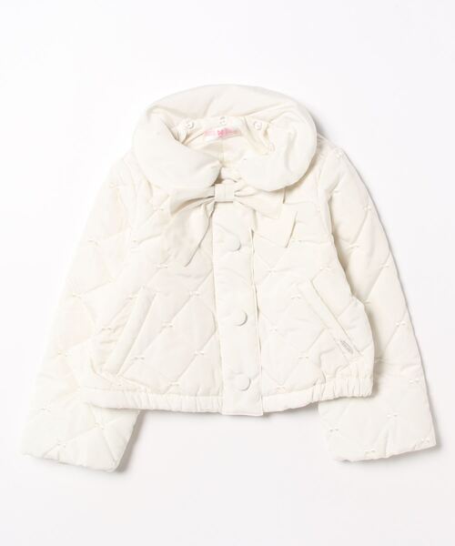 新品　メゾピアノ フェイクファー衿付　リボン刺しゅうキルティングブルゾン mezzo piano（メゾピアノ）の「フェイクファー衿付 リボン