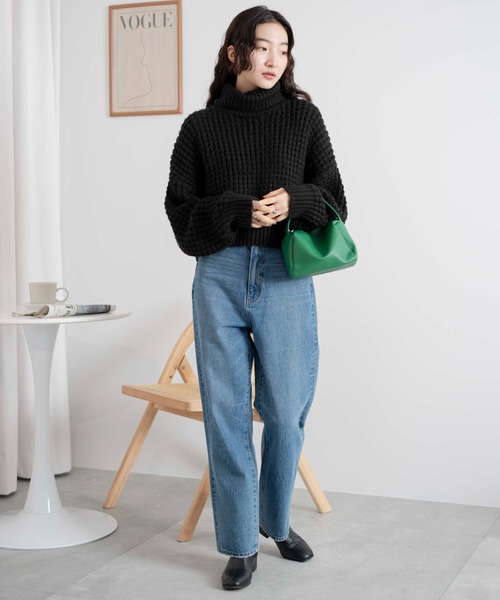 WEGO（ウィゴー）の「WEGO/タートルネックワッフルショートプルオーバー（ニット/セーター・レディース・ブルー/オフホワイト/ブラック・FREE）」の5枚目の写真