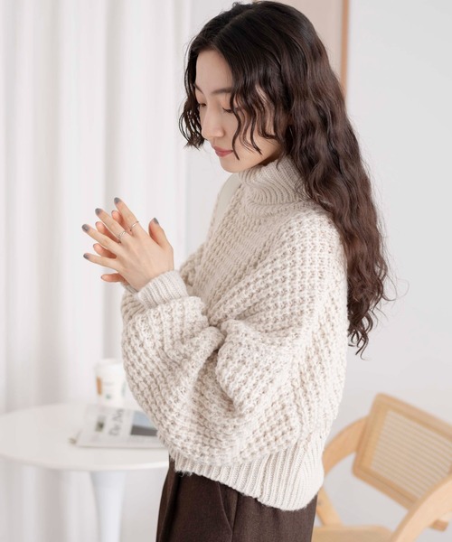 WEGO（ウィゴー）の「WEGO/タートルネックワッフルショートプルオーバー（ニット/セーター・レディース・ブルー/オフホワイト/ブラック・FREE）」の12枚目の写真