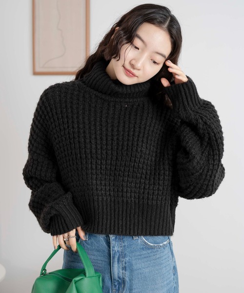 WEGO（ウィゴー）の「WEGO/タートルネックワッフルショートプルオーバー（ニット/セーター・レディース・ブルー/オフホワイト/ブラック・FREE）」の16枚目の写真