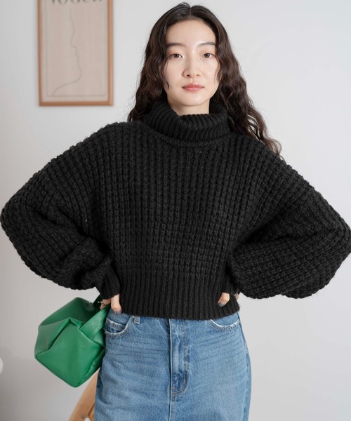 WEGO（ウィゴー）の「WEGO/タートルネックワッフルショートプルオーバー（ニット/セーター・レディース・ブルー/オフホワイト/ブラック・FREE）」の18枚目の写真