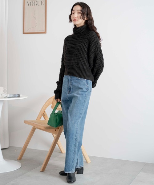 WEGO（ウィゴー）の「WEGO/タートルネックワッフルショートプルオーバー（ニット/セーター・レディース・ブルー/オフホワイト/ブラック・FREE）」の19枚目の写真