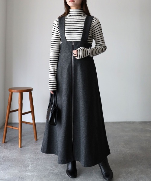 Riberry（リベリー）の「フロントジップフェイクウールジャンスカ（ジャンパースカート・レディース・チャコールグレー/グレー/ベージュ・MEDIUM）」の2枚目の写真