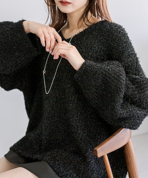 【即完Sサイズ❗️】極美品！stone  厚手ニットセーター黒ブラック mystic（ミスティック）の「【3色展開】シャイニーノットヤーンVニット