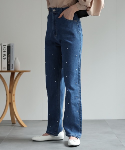 【新品タグなし】パールつきデニムパンツ セール】【3サイズ展開】パール付きデニムパンツ(デニムパンツ