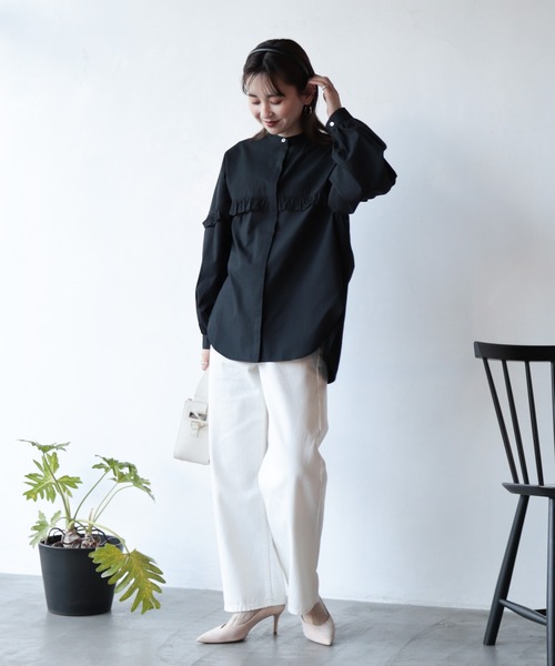 AMERICAN HOLIC（アメリカンホリック）の「フリルバンドカラーシャツ（シャツ/ブラウス・レディース・ブラック/ストライプ/オフホワイト/ブラック×ホワイト・L/M）」の14枚目の写真