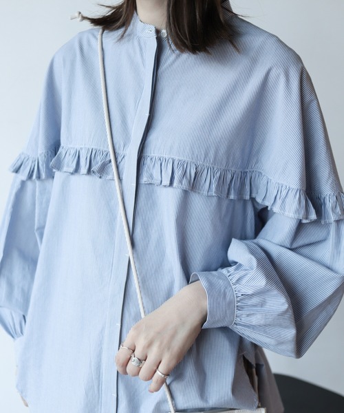 AMERICAN HOLIC（アメリカンホリック）の「フリルバンドカラーシャツ（シャツ/ブラウス・レディース・ブラック/ストライプ/オフホワイト/ブラック×ホワイト・L/M）」の19枚目の写真