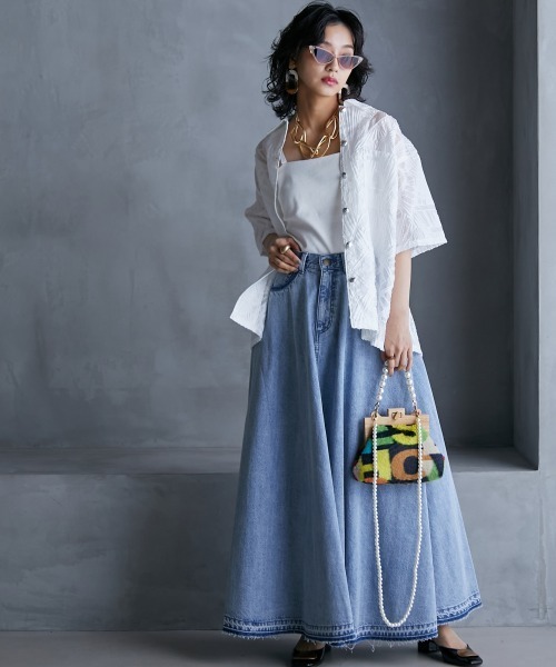 GEVS.（ジェイヴィス）の「＜大きいサイズ＞ 綿100％デニムフレアマキシスカート GEVS.（スカート・レディース・グレー系/ブルー系・L/LL/3L/4L/5L）」の15枚目の写真