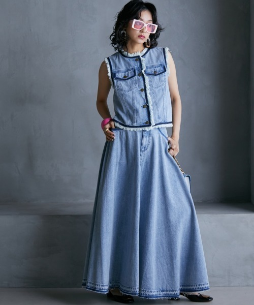 GEVS.（ジェイヴィス）の「＜大きいサイズ＞ 綿100％デニムフレアマキシスカート GEVS.（スカート・レディース・グレー系/ブルー系・L/LL/3L/4L/5L）」の5枚目の写真