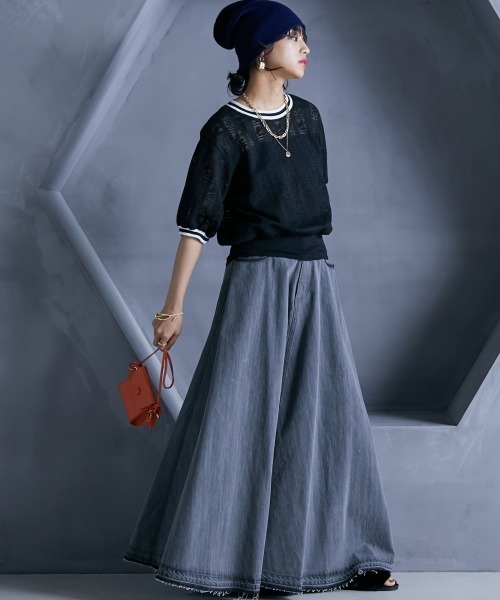 GEVS.（ジェイヴィス）の「＜大きいサイズ＞ 綿100％デニムフレアマキシスカート GEVS.（スカート・レディース・グレー系/ブルー系・L/LL/3L/4L/5L）」の14枚目の写真