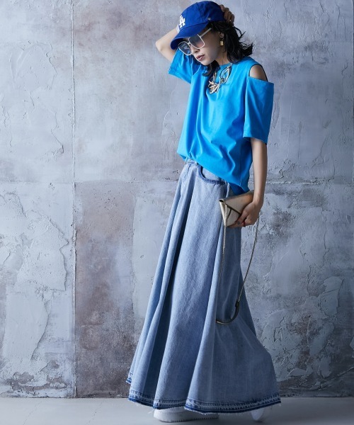 GEVS.（ジェイヴィス）の「＜大きいサイズ＞ 綿100％デニムフレアマキシスカート GEVS.（スカート・レディース・グレー系/ブルー系・L/LL/3L/4L/5L）」の9枚目の写真