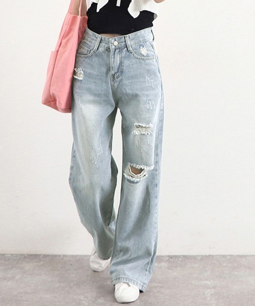 Miniministore（ミニミニストア）の「ダメージ デニムパンツ ハイウエスト韓国（デニムパンツ・レディース・サックスブルー・L/S/XL/M）」の10枚目の写真
