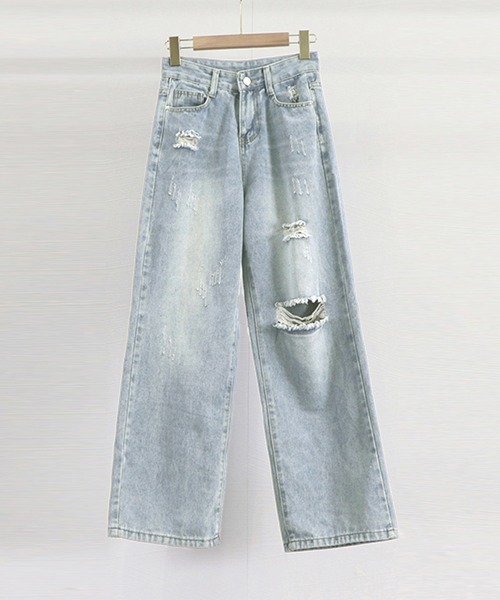 Miniministore（ミニミニストア）の「ダメージ デニムパンツ ハイウエスト韓国（デニムパンツ・レディース・サックスブルー・L/S/XL/M）」の13枚目の写真