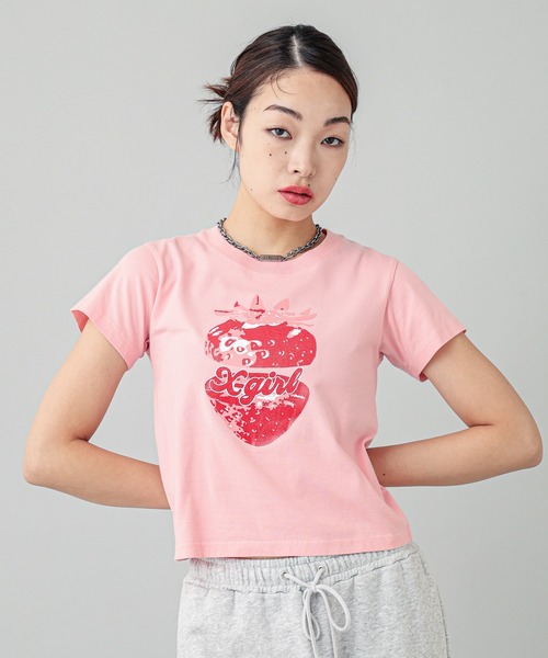 X-girl(エックスガール)の「STRAWBERRY S/S BABY TEE(Tシャツ/カットソー・レディース・ブラック/ライトピンク/ホワイト・S/M)」の3枚目の写真