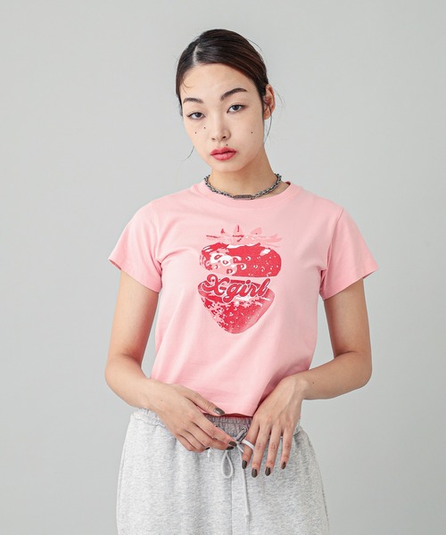 X-girl(エックスガール)の「STRAWBERRY S/S BABY TEE(Tシャツ/カットソー・レディース・ブラック/ライトピンク/ホワイト・S/M)」の7枚目の写真