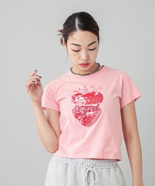 X-girl(エックスガール)の「STRAWBERRY S/S BABY TEE(Tシャツ/カットソー・レディース・ブラック/ライトピンク/ホワイト・S/M)」の8枚目の写真
