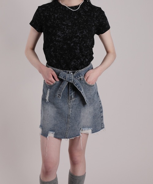 HOOK(フック)の「【HOOK】for girls ダメージ加工デニムミニスカート(デニムスカート・レディース・ブルー・S/M/L)」の3枚目の写真