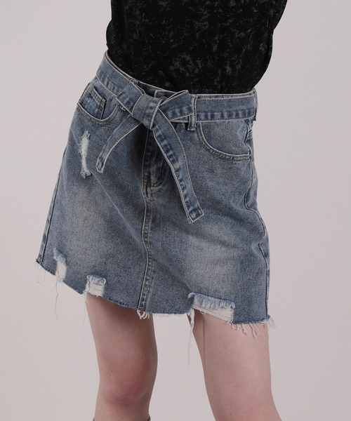 HOOK(フック)の「【HOOK】for girls ダメージ加工デニムミニスカート(デニムスカート・レディース・ブルー・S/M/L)」の5枚目の写真