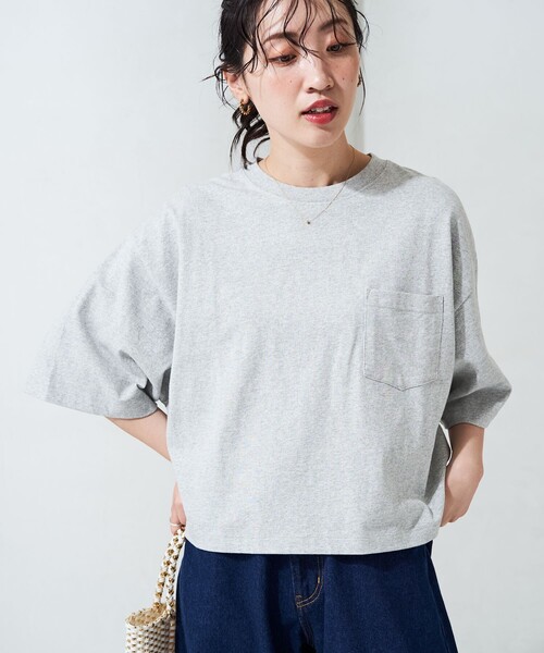 FREAK'S STORE（フリークスストア）の「限定展開　クロップド丈 ポケット 半袖 Tシャツ（Tシャツ/カットソー・レディース・ブラック/ブラウン/レッド/オフホワイト/ブルー/グレー/ナチュラル・ﾌﾘ-）」の3枚目の写真