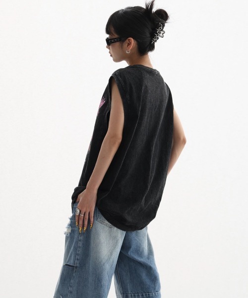 mushwear（マッシュウェア）の「american retro print wash sleeveless T-shirt（Tシャツ/カットソー・メンズ・ブラック・MEDIUM/SMALL/LARGE）」の2枚目の写真