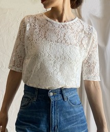 She's Closet（シーズクローゼット）の「半袖シアー/シースルー花柄カットレーストップス（Tシャツ/カットソー）」
